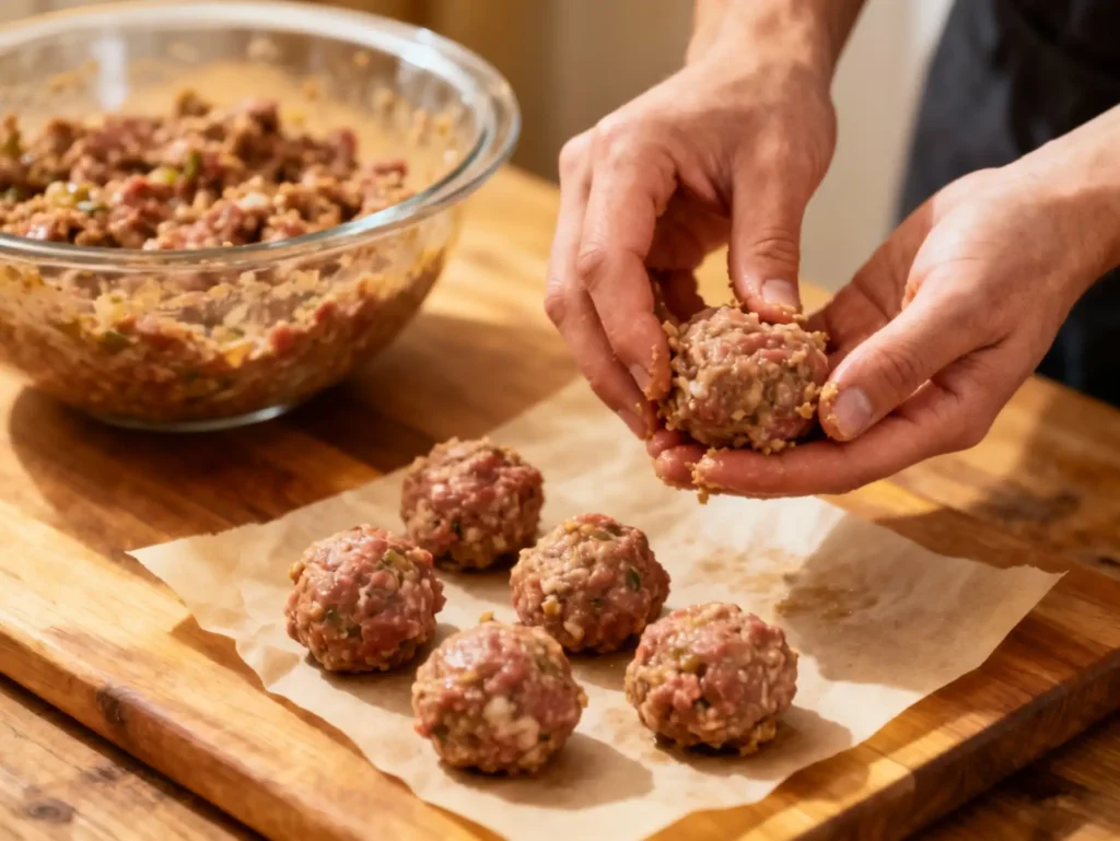 Raw homemade Salisbury steak meatballs being shaped by hand