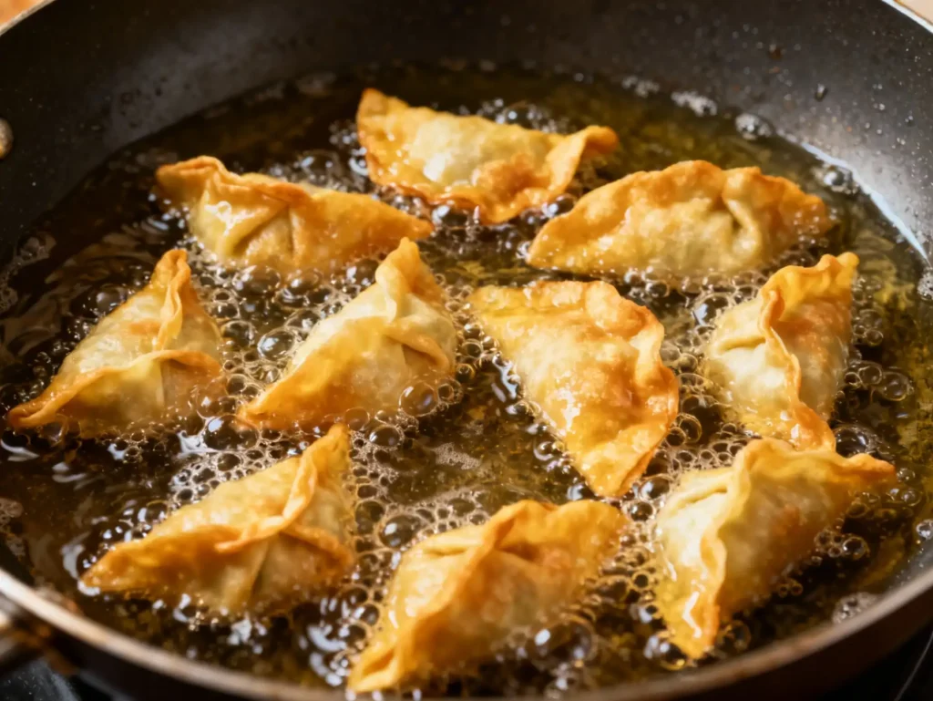 Deep-frying strawberry cheesecake wontons in hot oil