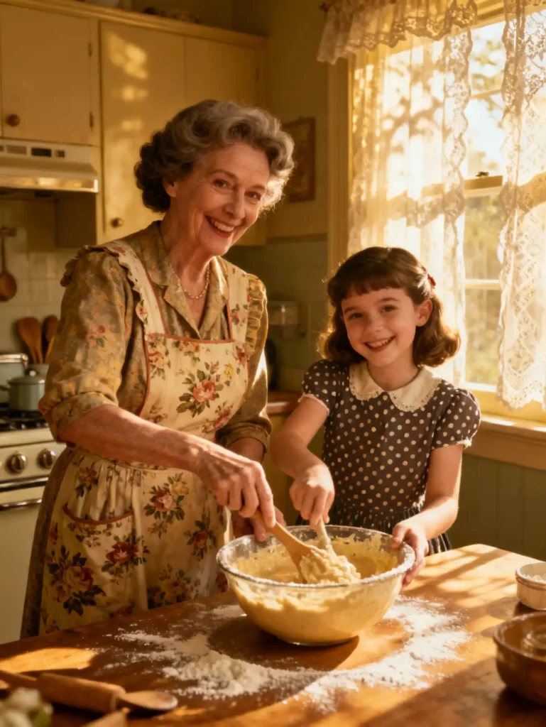 Grandmother and granddaughter baking German chocolate cake 1957 together