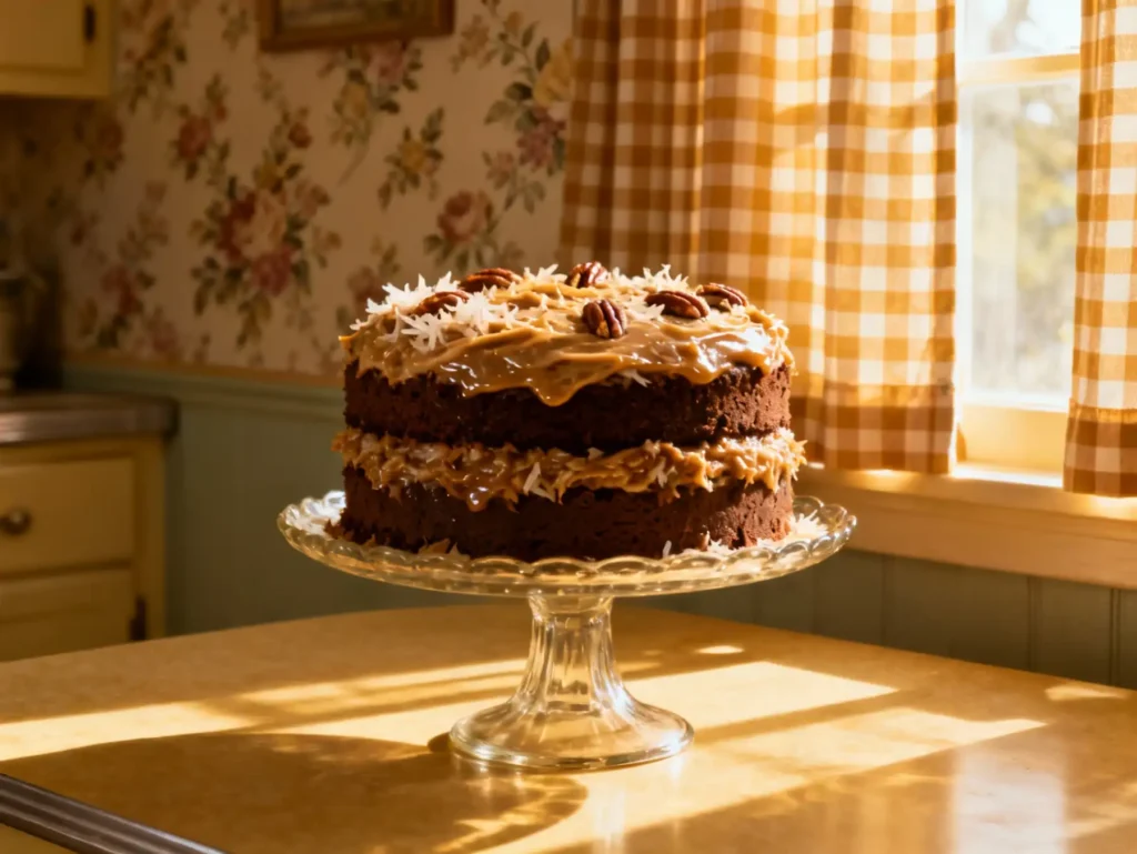 German chocolate cake 1957 on vintage cake stand in 1950s kitchen