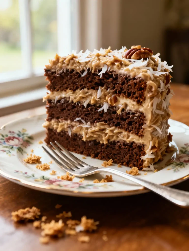 Slice of German chocolate cake 1957 showing layers and frosting
