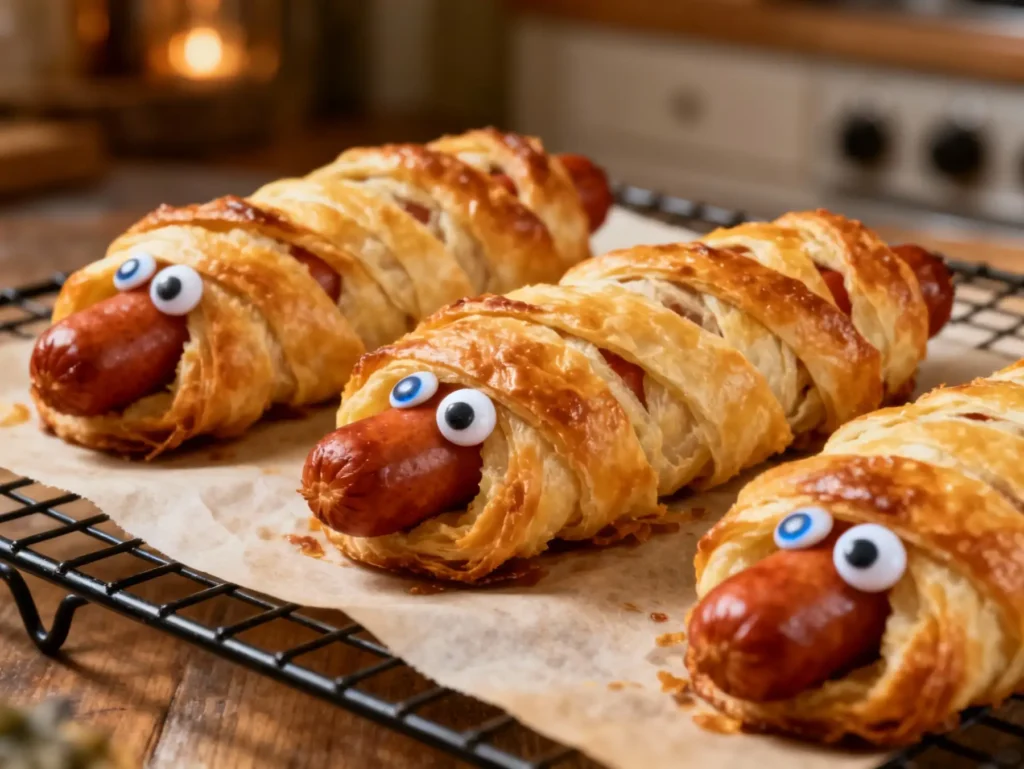 Golden brown mummy hot dogs with puff pastry just out of the oven
