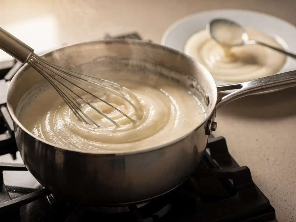 Whisking coconut milk mixture for haupia on the stove