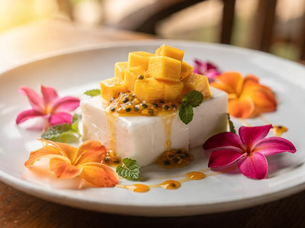 Haupia recipe served with mango and passionfruit topping