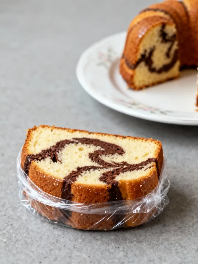 A slice of easy marble bundt cake wrapped for freezing.