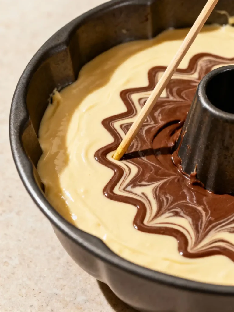 How to swirl the batter for an easy marble bundt cake.
