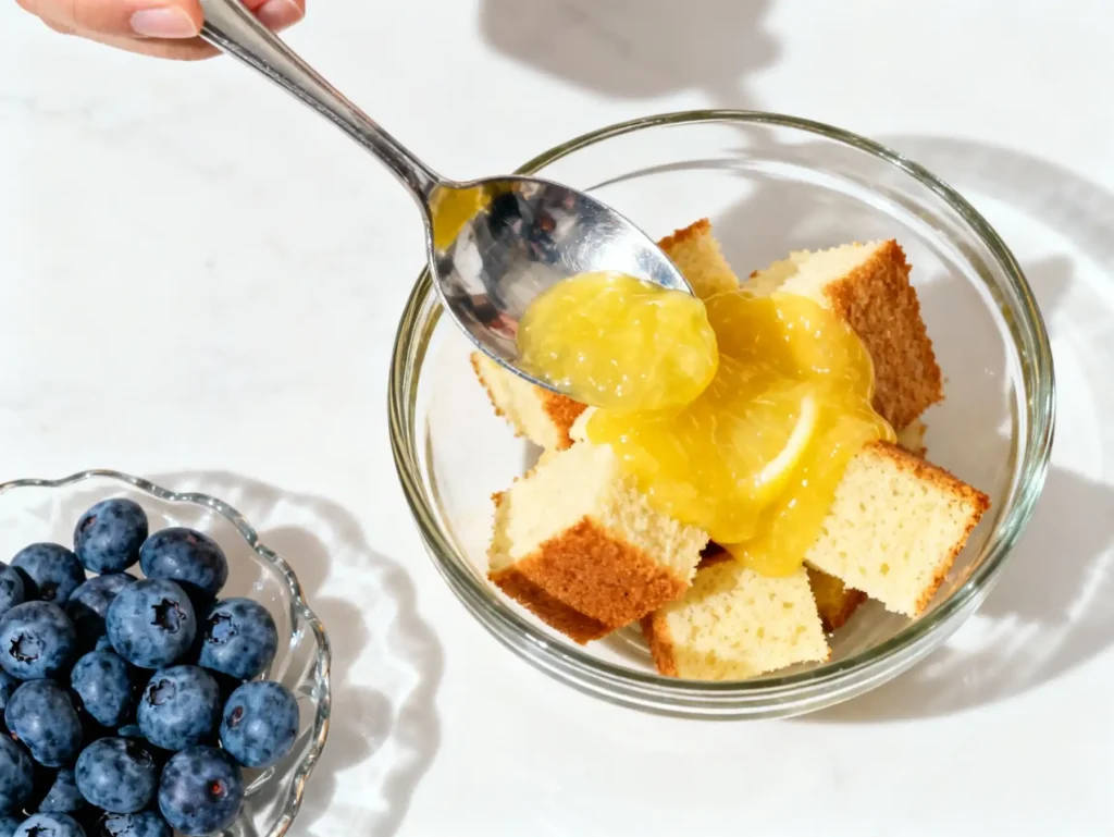 Layering lemon curd over cake in easy lemon blueberry trifle recipe