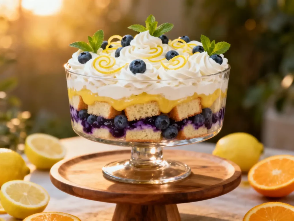 Easy lemon blueberry trifle recipe topped with whipped cream and lemon zest