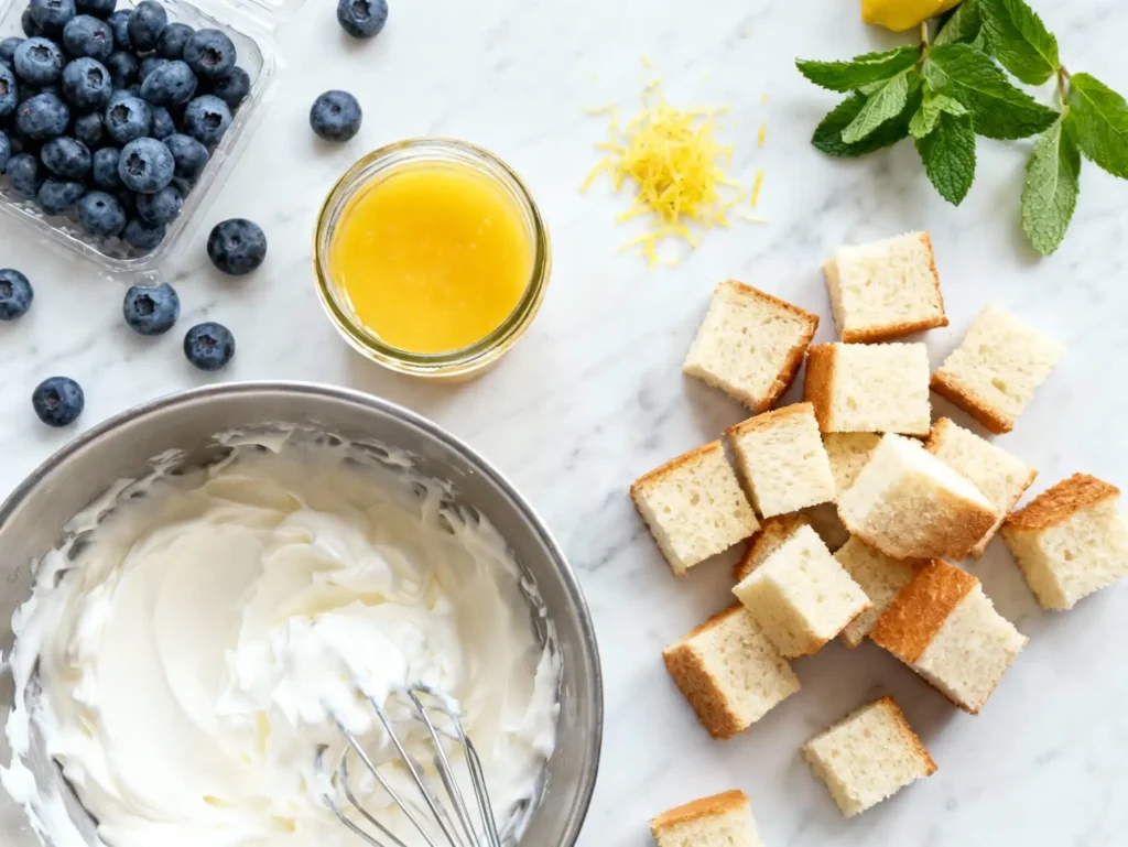 Flat lay of ingredients for easy lemon blueberry trifle recipe