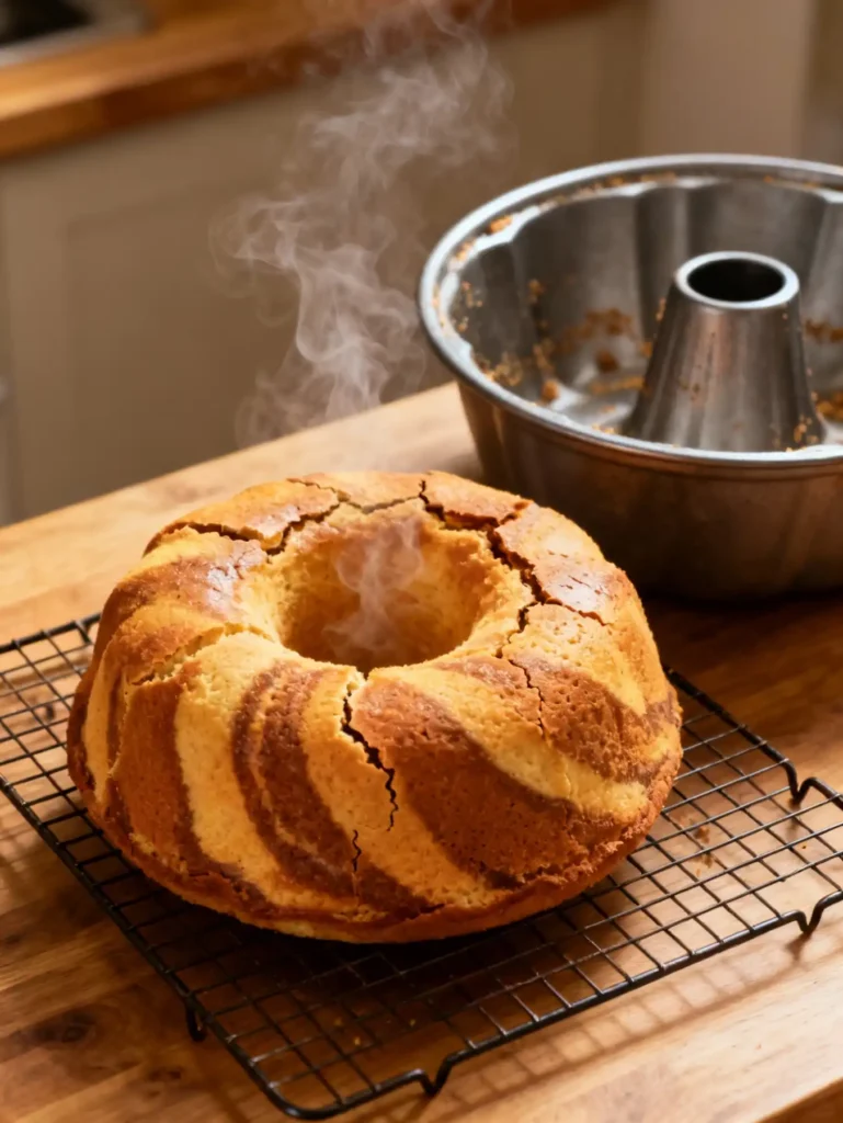 A perfectly released marble bundt cake cooling on a wire rack.