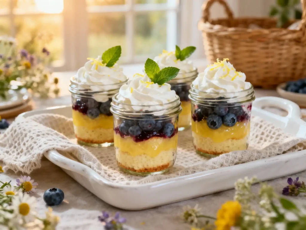 Individual servings of easy lemon blueberry trifle recipe in mason jars