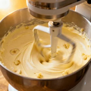 Mixing the creamy banana cheesecake batter with banana chunks in a stand mixer.