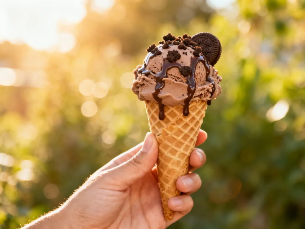 No-Churn Mocha Chocolate Cookies Ice Cream served in a cone