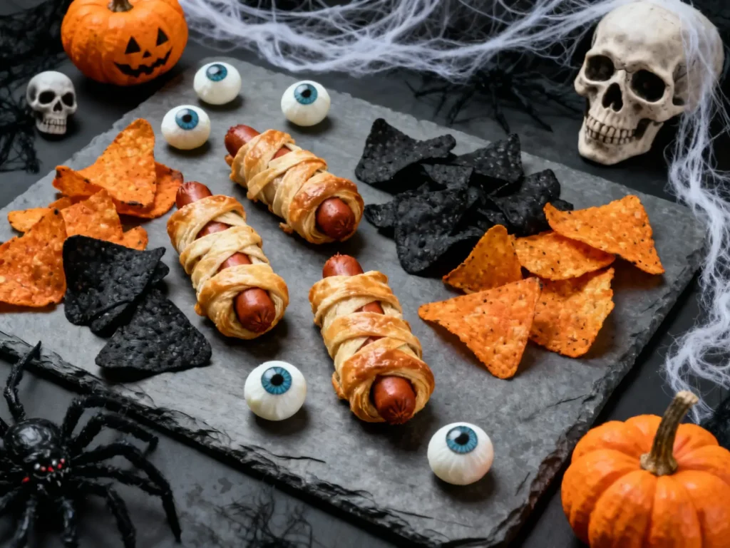Mummy hot dogs with puff pastry on Halloween snack board