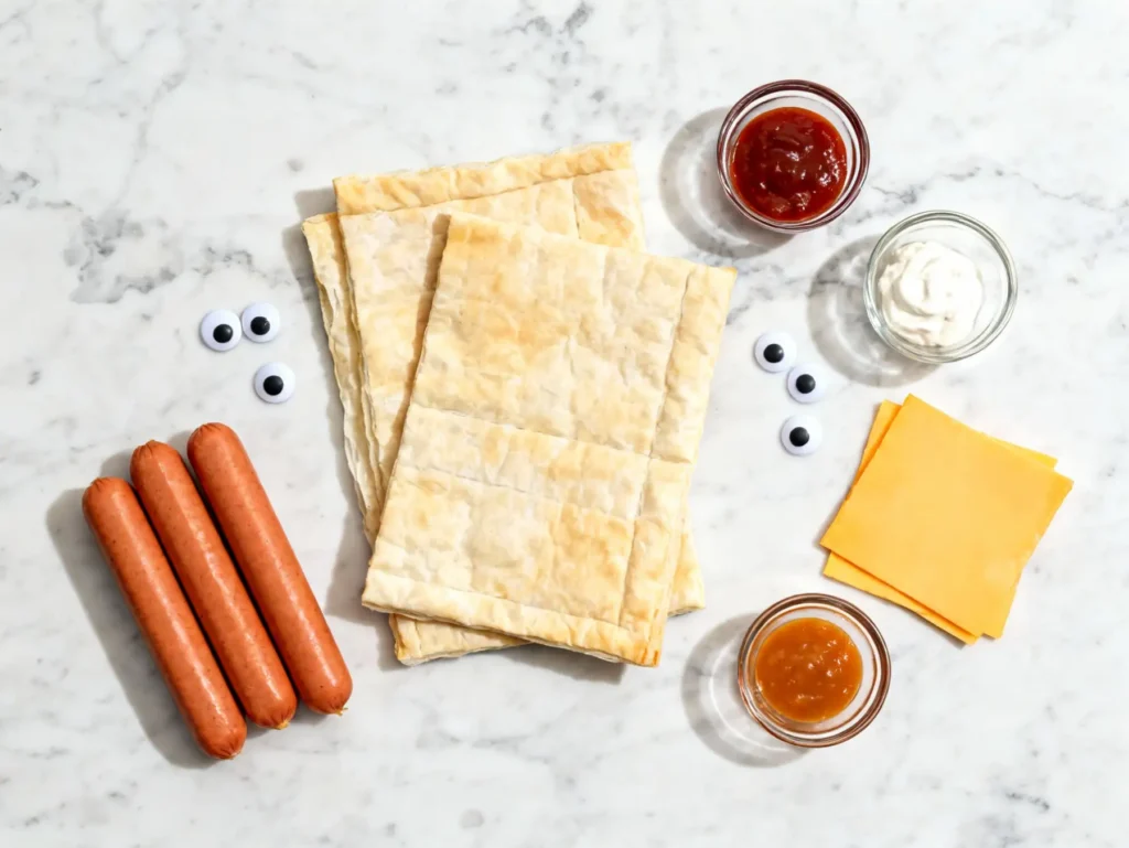 Ingredients laid out for mummy hot dogs with puff pastry