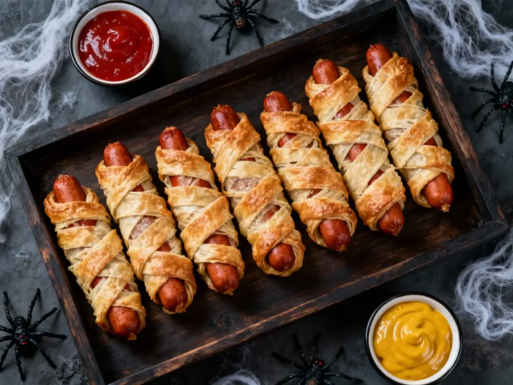 Mummy hot dogs with puff pastry served on a spooky Halloween tray