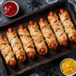 Mummy hot dogs with puff pastry served on a spooky Halloween tray