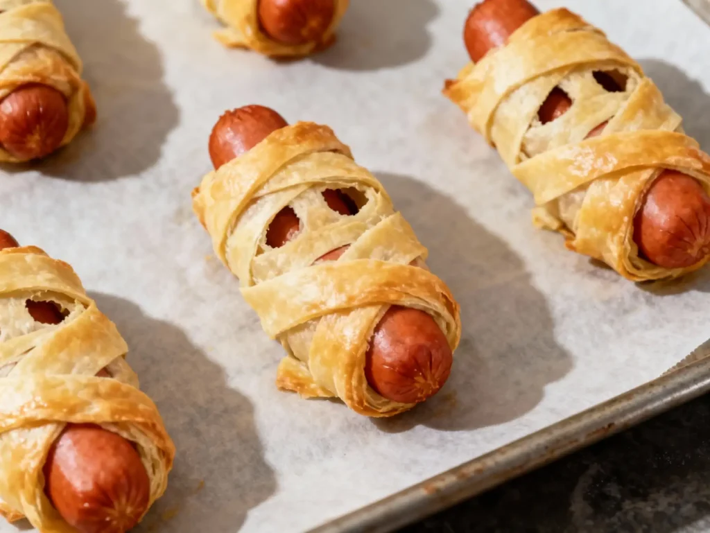 Unbaked mummy hot dogs wrapped in puff pastry on parchment paper