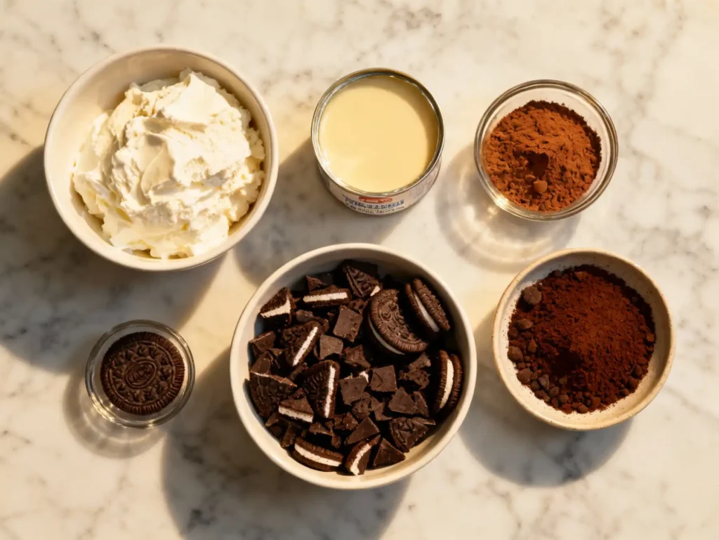 Ingredients for No-Churn Mocha Chocolate Cookies Ice Cream