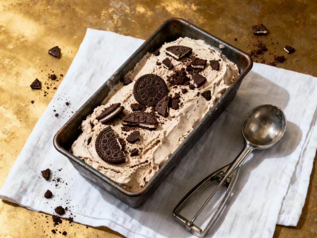 Frozen No-Churn Mocha Chocolate Cookies Ice Cream in loaf pan