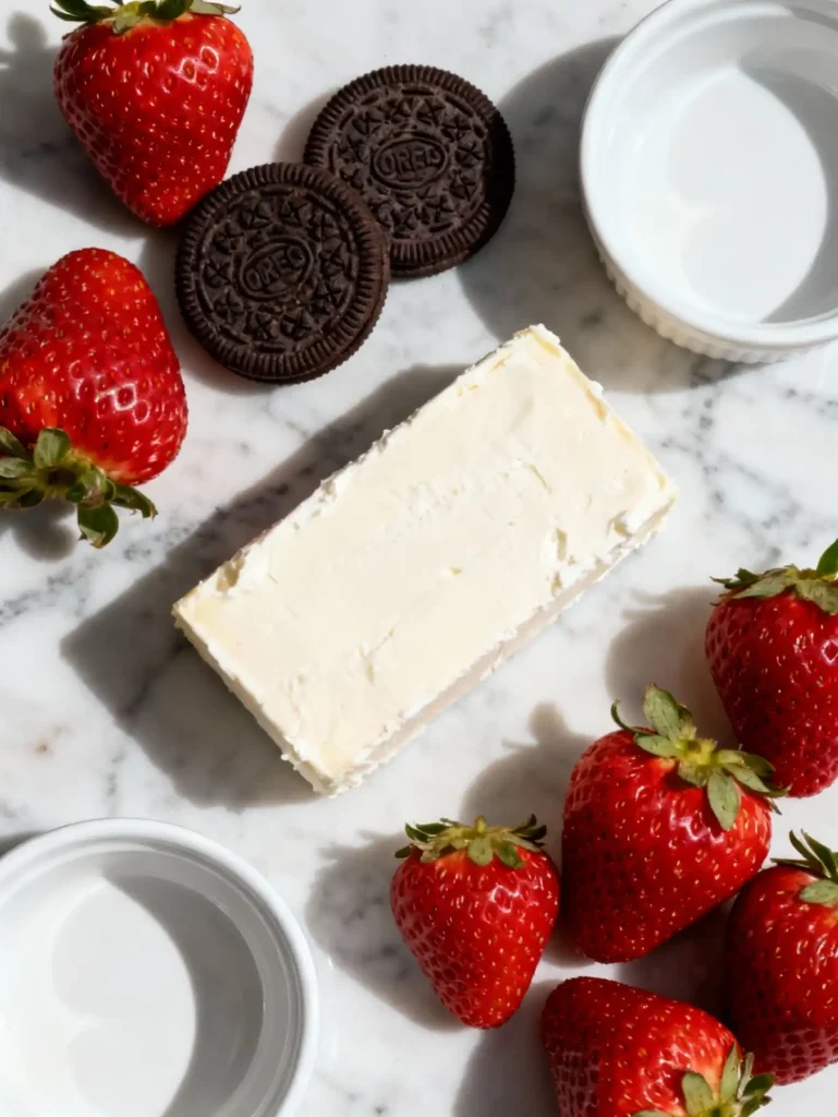 Ingredients for Oreo truffle stuffed strawberries recipe on marble surface.