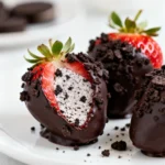 Oreo truffle stuffed strawberries recipe cut in half on a white plate.