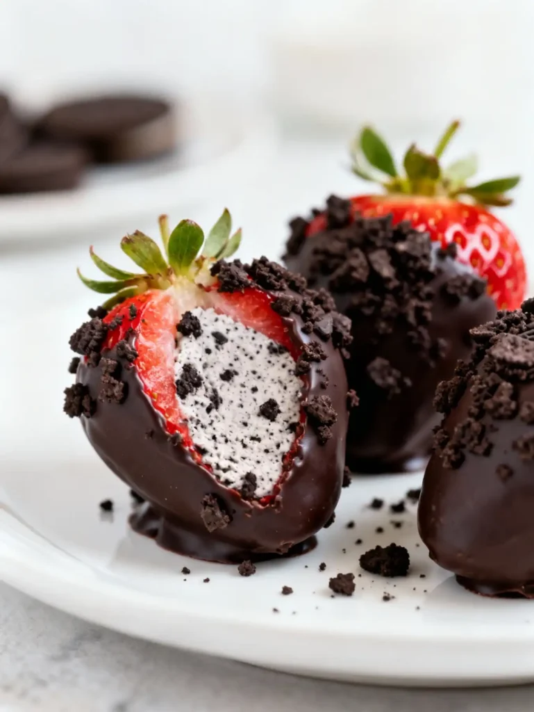 Oreo truffle stuffed strawberries recipe cut in half on a white plate.