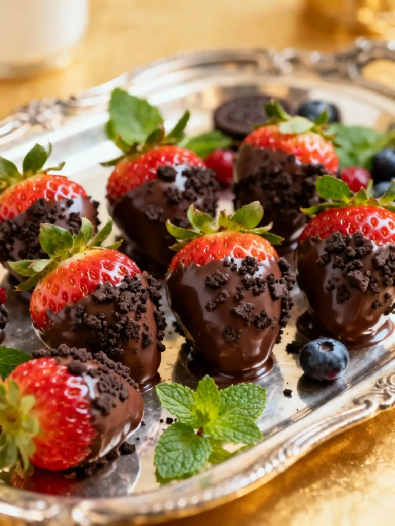 Oreo truffle stuffed strawberries recipe displayed on silver dessert tray.