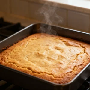 The par-baked blondie base for the Banana Blondie Cheesecake, steaming.