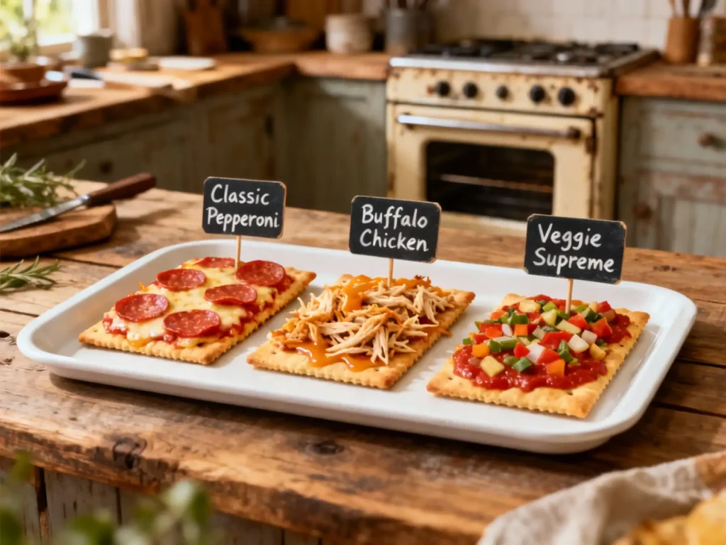 pizza crackers with pepperoni, veggie, and buffalo toppings