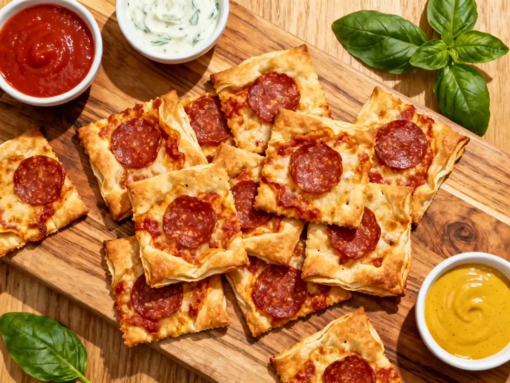 crispy pepperoni pizza crackers recipe on board with dips