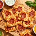 crispy pepperoni pizza crackers recipe on board with dips