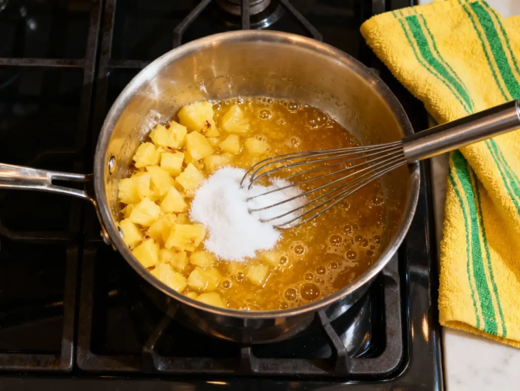 Pineapple glaze boiling on stove for Elvis Presley cake
