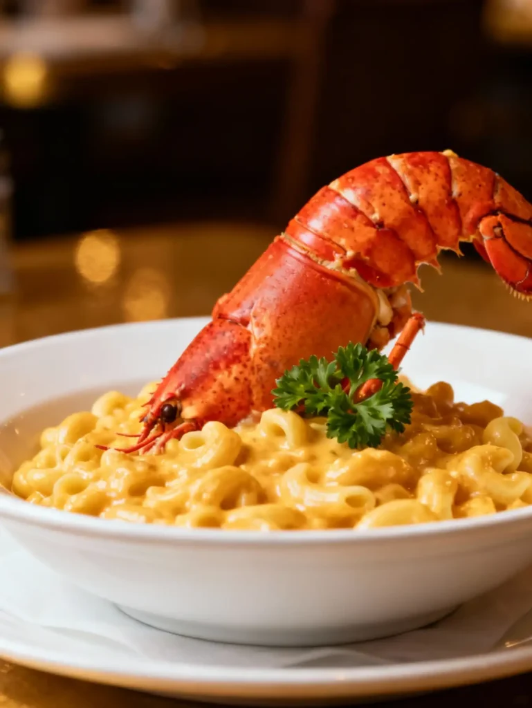 Plated Copycat Costco Lobster Mac and Cheese with parsley garnish