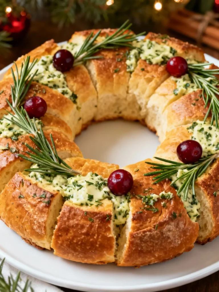 Pull-apart garlic bread shaped like a holiday wreath with rosemary and cranberries.