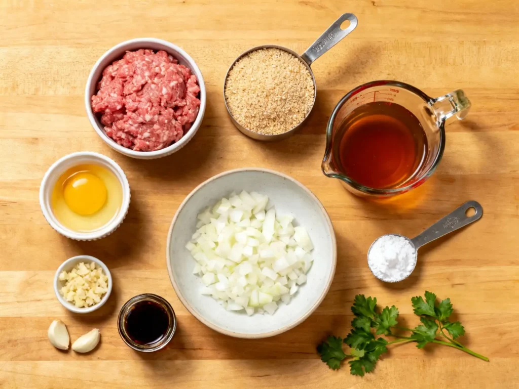 Ingredients for slow cooker Salisbury steak meatballs arranged on a counter