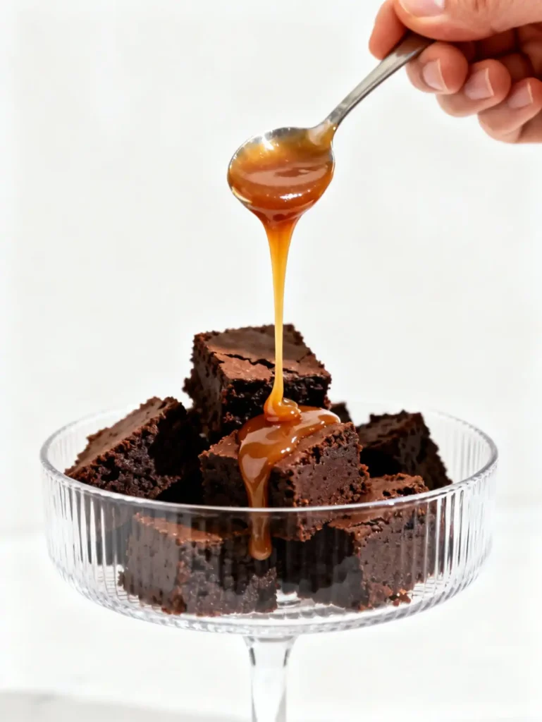 Assembling the salted caramel brownie cheesecake trifle recipe by drizzling caramel on brownies.