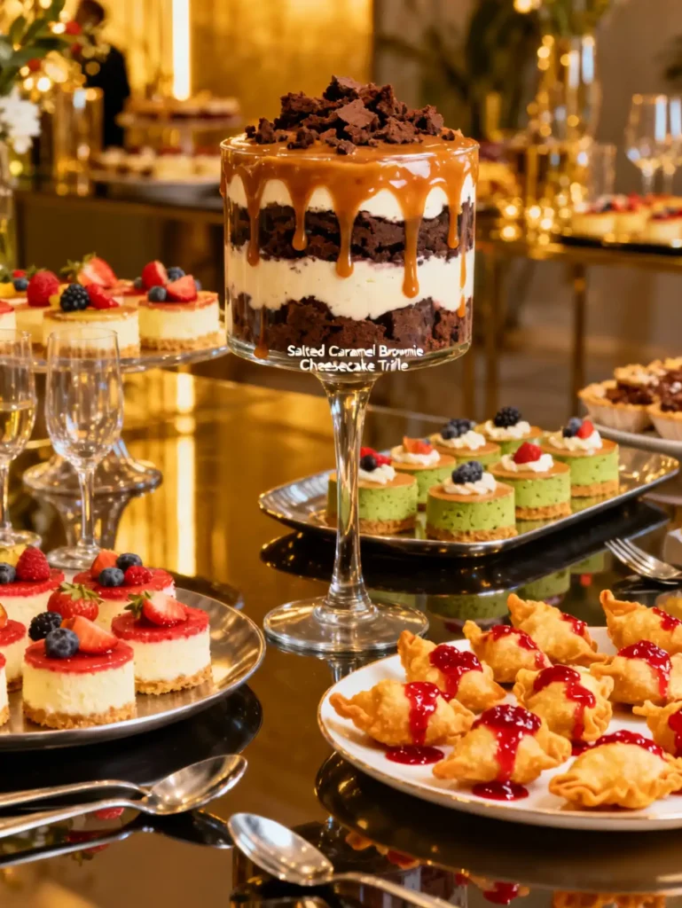 A dessert table featuring the salted caramel brownie cheesecake trifle recipe.