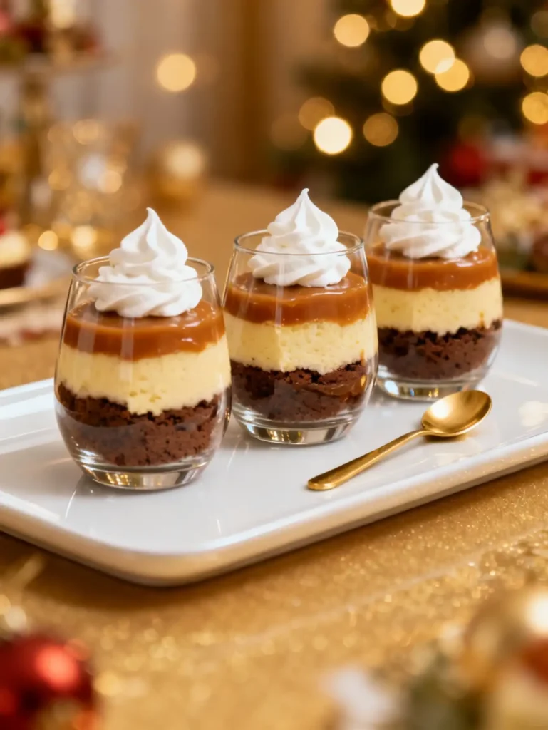 Individual salted caramel brownie cheesecake trifle cups for a party.