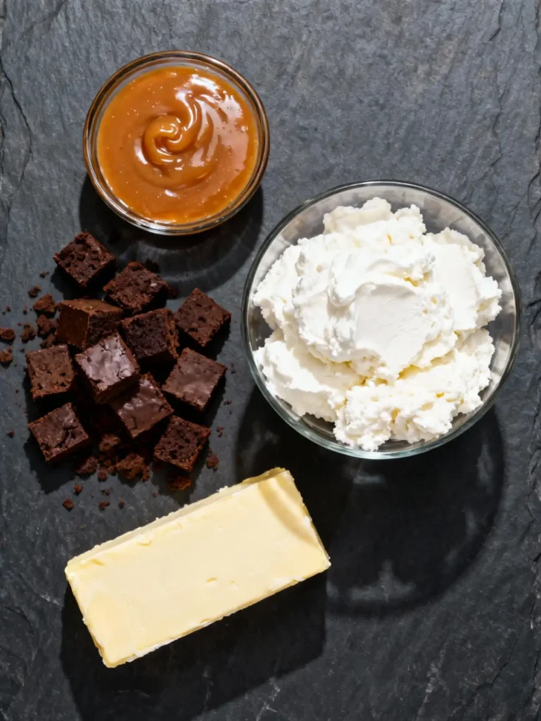 Ingredients for the salted caramel brownie cheesecake trifle recipe on a dark counter.