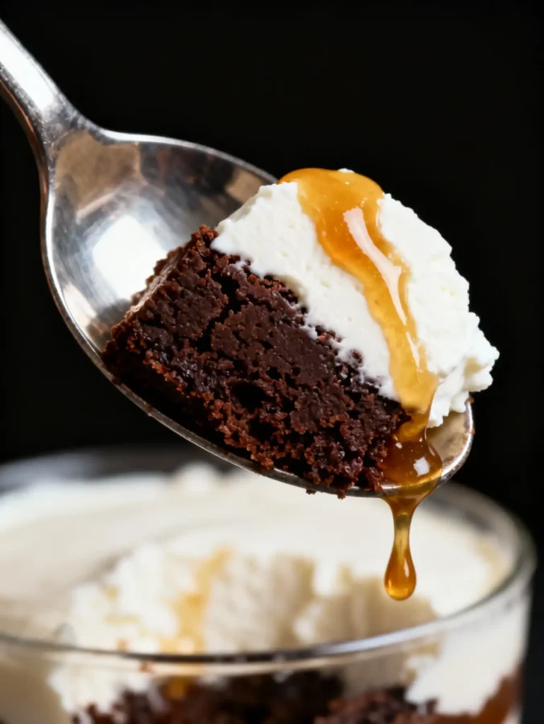 A spoon holding a perfect bite of salted caramel brownie cheesecake trifle.