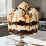 A showstopper salted caramel brownie cheesecake trifle in a large glass bowl.