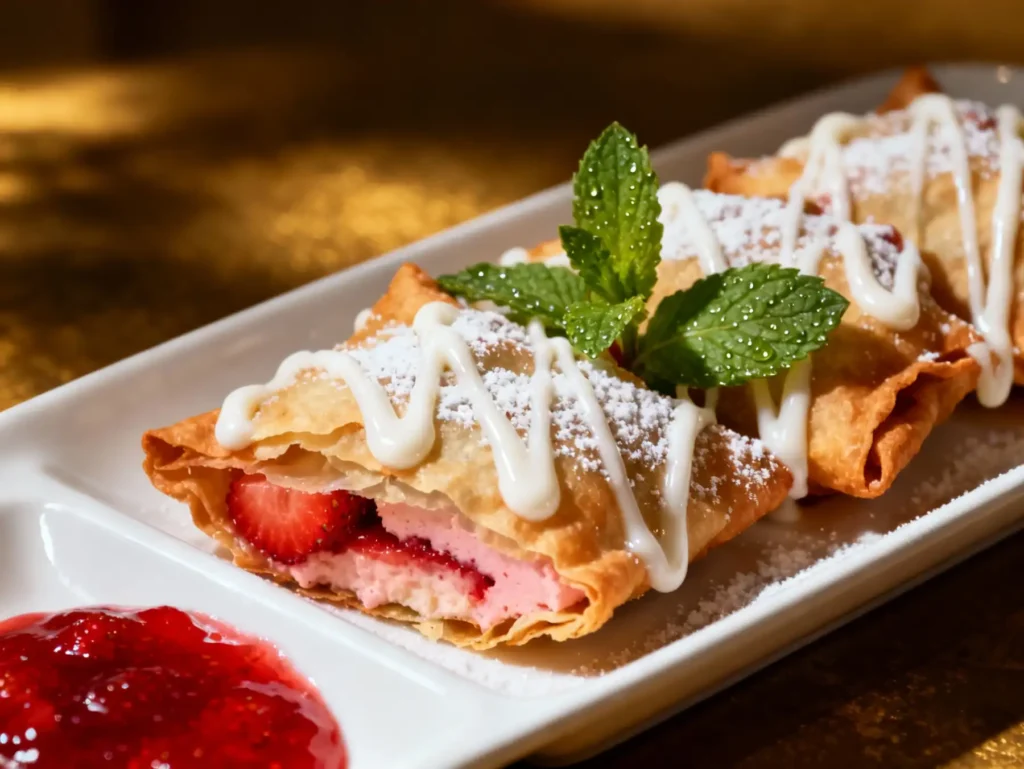Served deep-fried strawberry cheesecake wontons with toppings