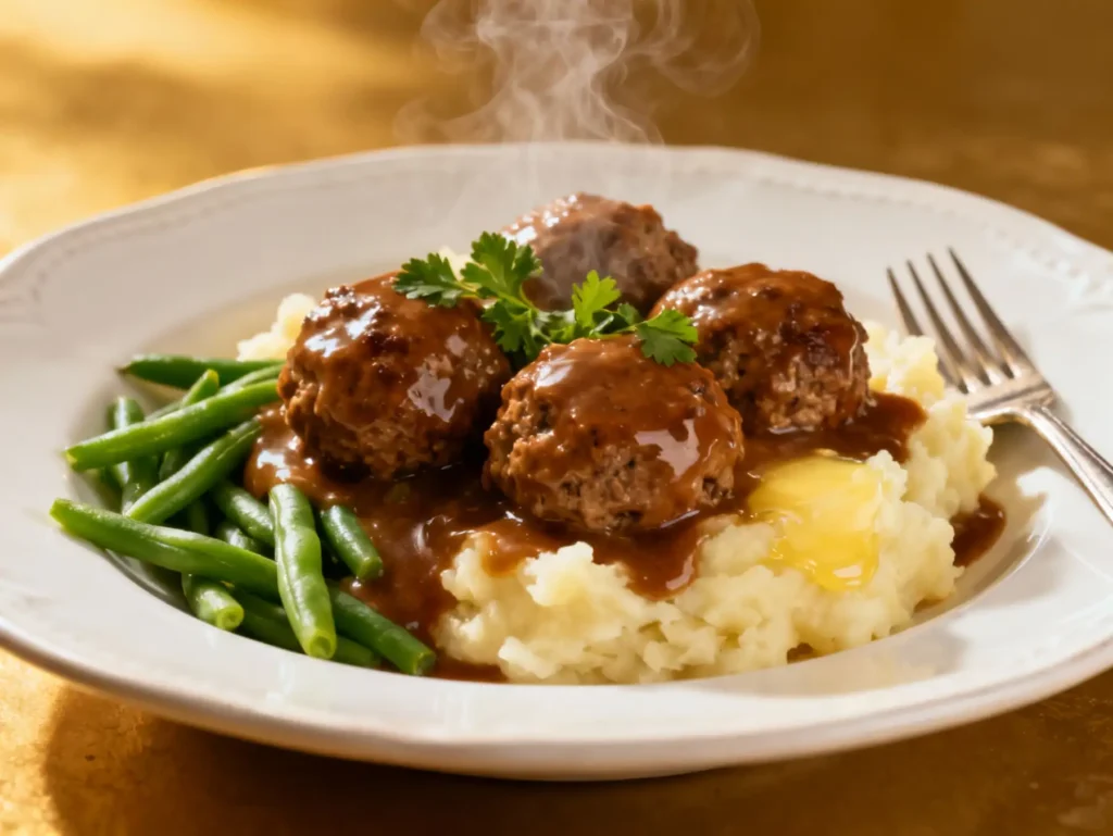 Plated slow cooker Salisbury steak meatballs with mashed potatoes and gravy