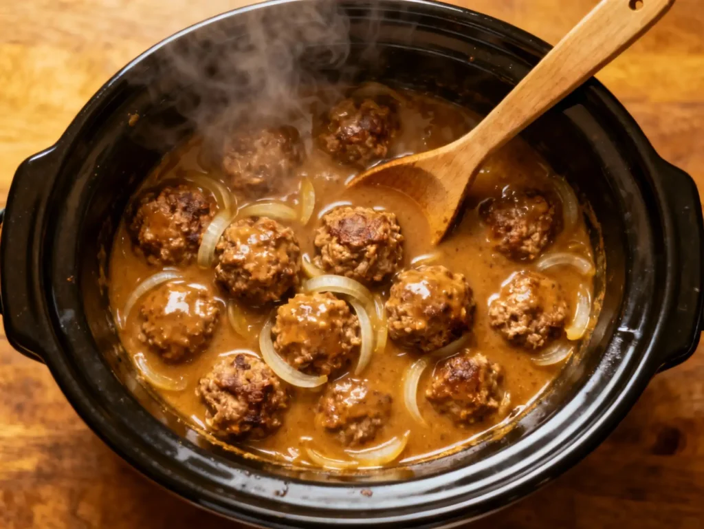 Slow cooker filled with Salisbury steak meatballs in rich brown gravy