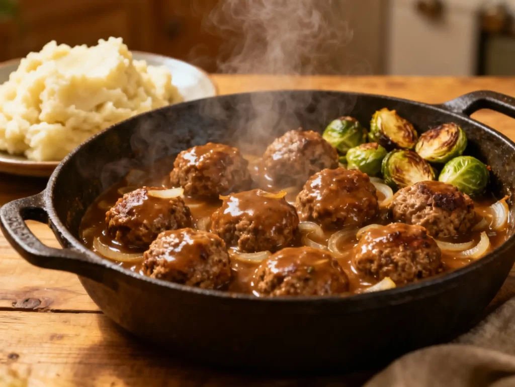 Slow cooker Salisbury steak meatballs in rich brown gravy served family-style