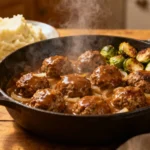 Slow cooker Salisbury steak meatballs in rich brown gravy served family-style