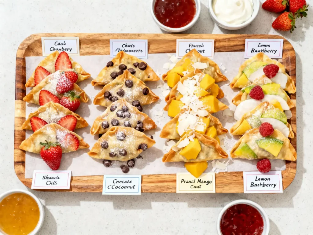 Dessert board with variations of cheesecake wontons
