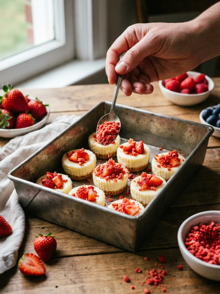 Assembling Strawberry Crunch Cheesecake Bites with vibrant crunch topping