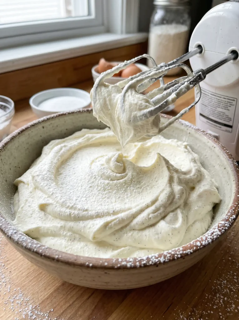 Smooth cheesecake filling being whipped for Strawberry Crunch Cheesecake Bites